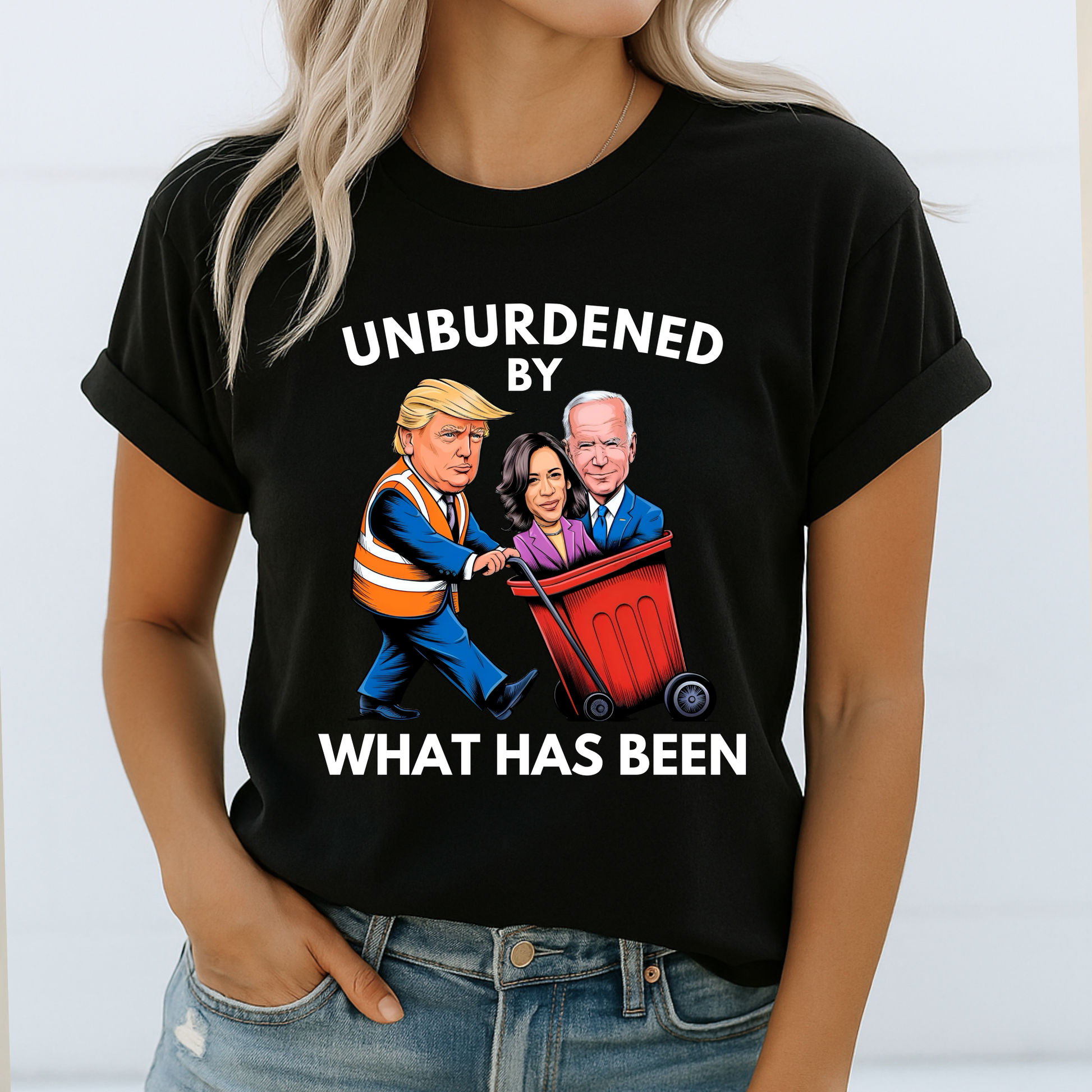 Navy T-shirt with Unburdened By What Has Been Trump graphic design