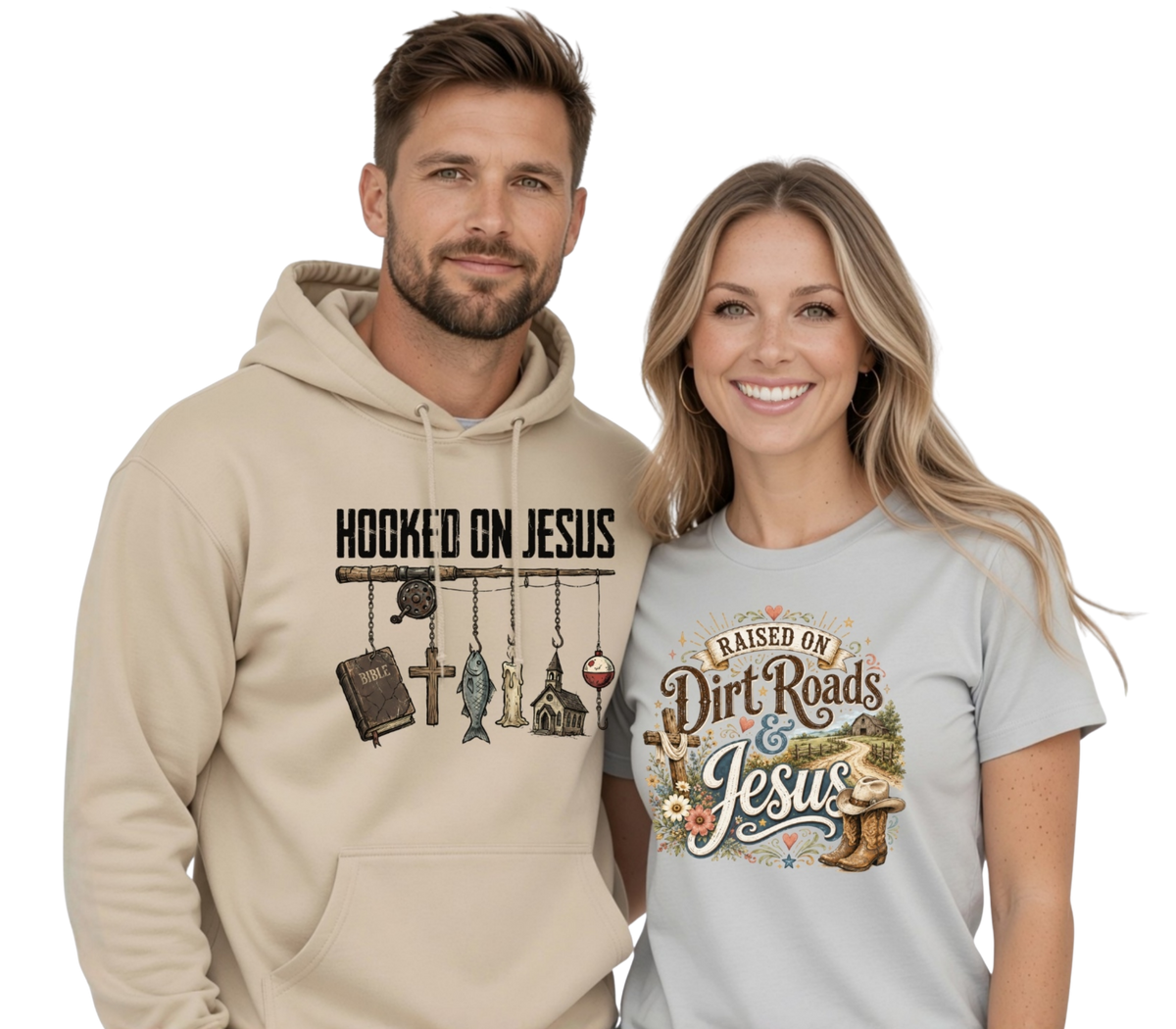 Faith apparel collection featuring Christian graphic hoodies and T-shirts for men and women