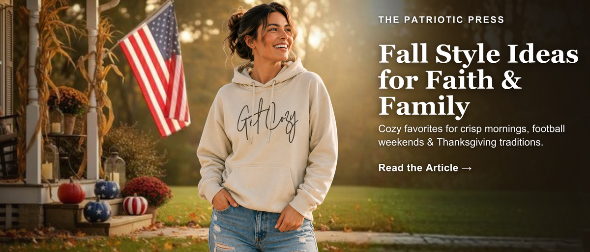 Fall style ideas for faith and family featuring a woman in a Christian graphic hoodie with American flag