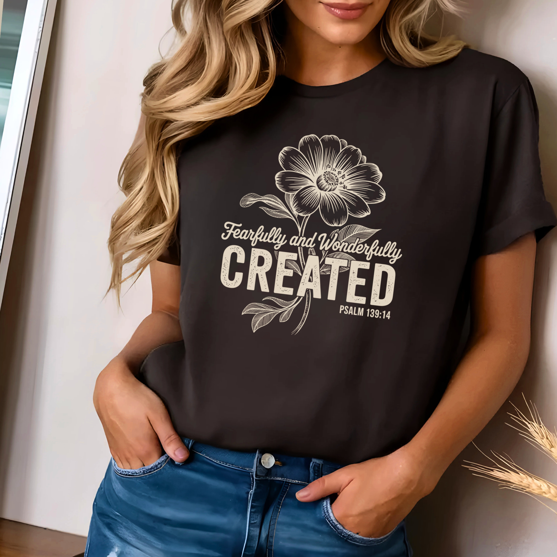 brown floral t-shirt with inspirational quote Psalm 139:14