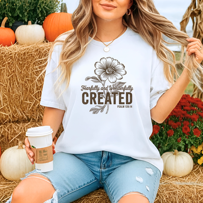 Woman wearing a white t-shirt with a floral design and text, holding a coffee cup in an outdoor setting with pumpkins and flowers.