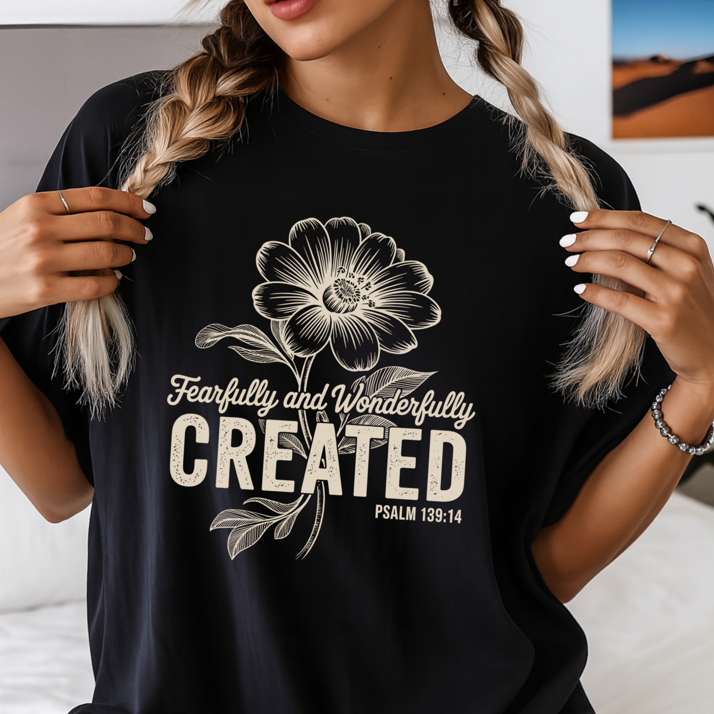 Woman wearing a black inspirational quote shirt with floral artwork