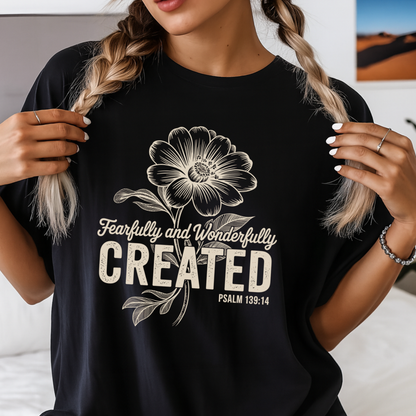 Woman wearing a black inspirational quote shirt with floral artwork