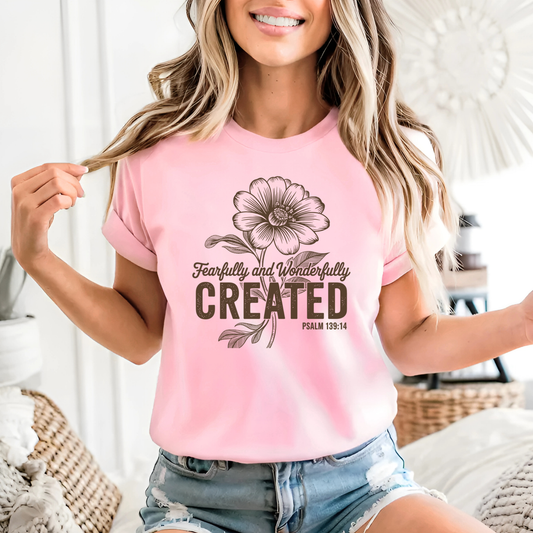 light pink women’s floral t-shirt with faith-inspired design