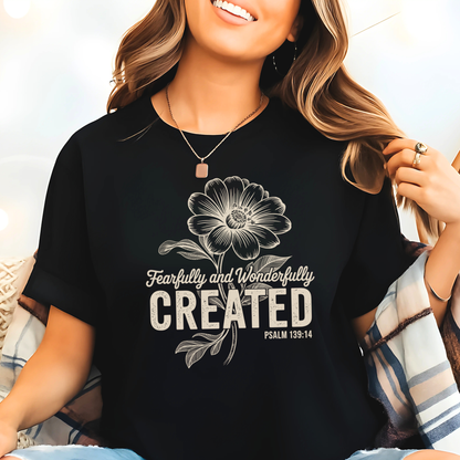 Person wearing a black t-shirt with a floral design with Christian text