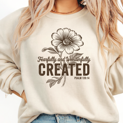 Cream hoodie with Fearfully and Wonderfully Created floral design worn seated