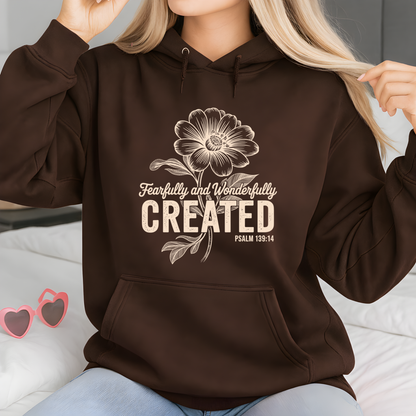 Brown sweatshirt with Fearfully and Wonderfully Created floral design flat lay with accessories