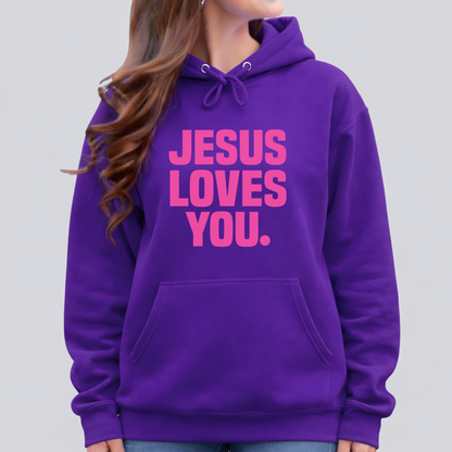Purple hoodie with 'Jesus Loves You' text on a plain background