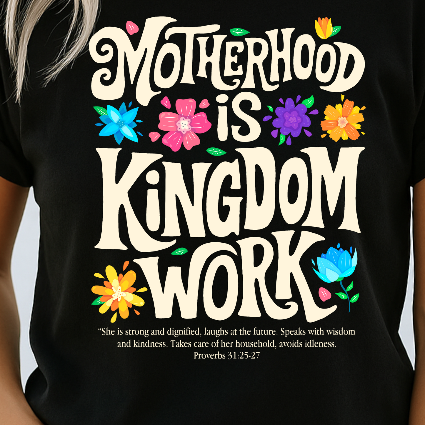 Close-up of floral Christian graphic tee in black

