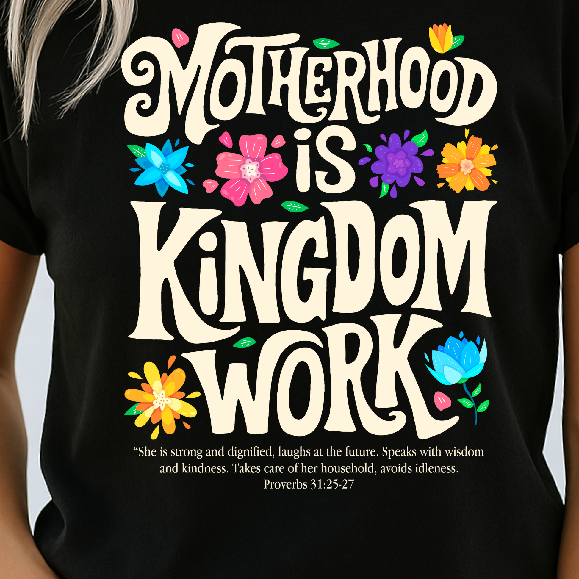 Close-up of floral Christian graphic tee in black

