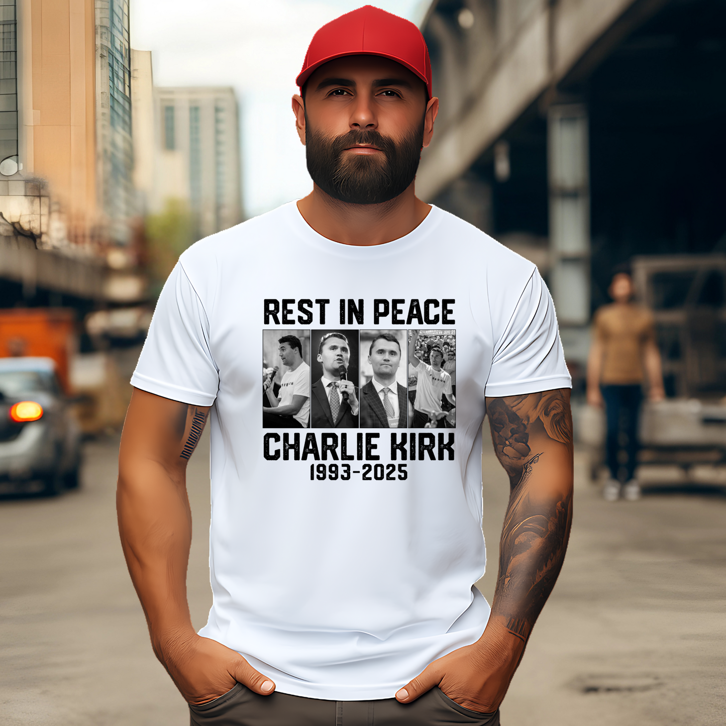 Lifestyle photo of Charlie Kirk memorial shirt worn casually outdoors, white Tshirt
