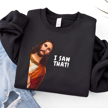 Black sweatshirt with a graphic of a famous painting and 'I saw that!' text, displayed on a white background.