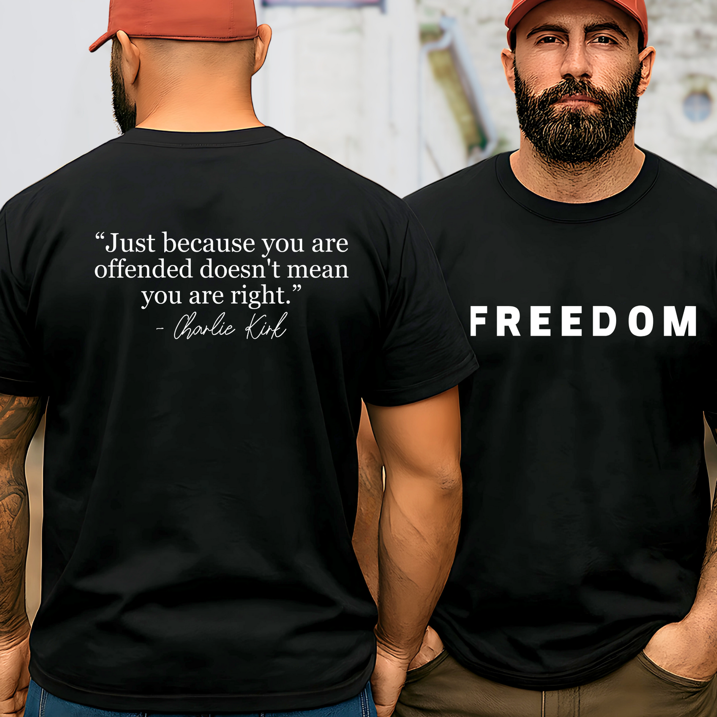 Model wearing black FREEDOM T-shirt, front shows bold text, back shows quote design.