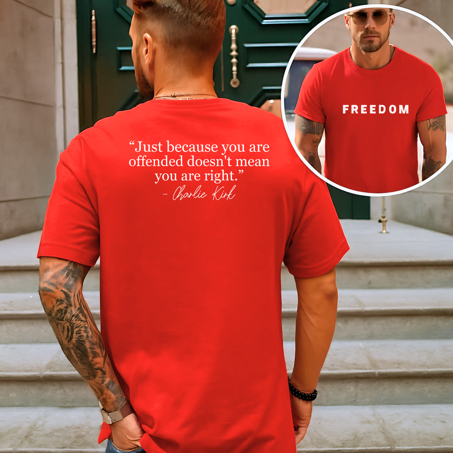 Red FREEDOM shirt with clean minimalist front and motivational quote on back.