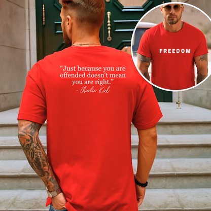 Red FREEDOM shirt with clean minimalist front and motivational quote on back.