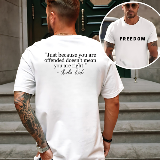 White FREEDOM T-shirt with quote back print and bold black lettering.