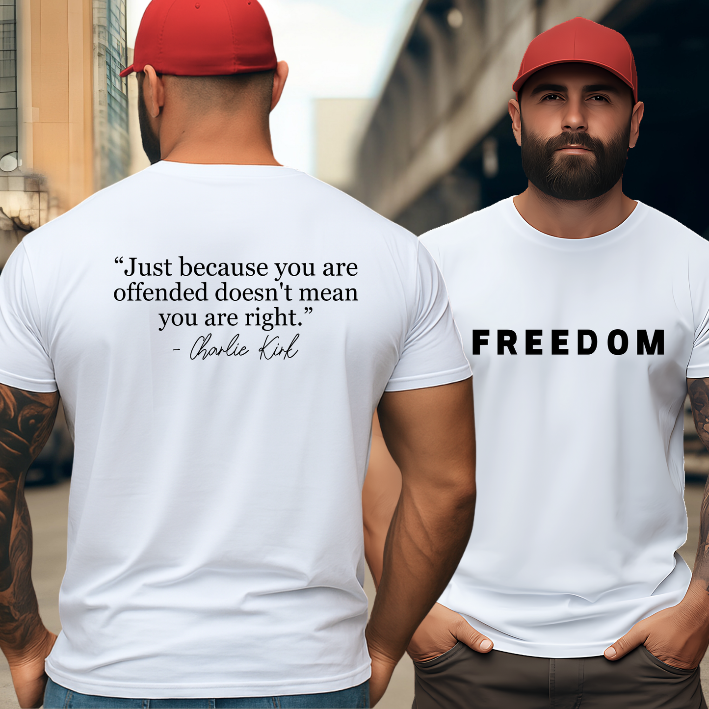 Lifestyle photo of white FREEDOM T-shirt front and back view outdoors.