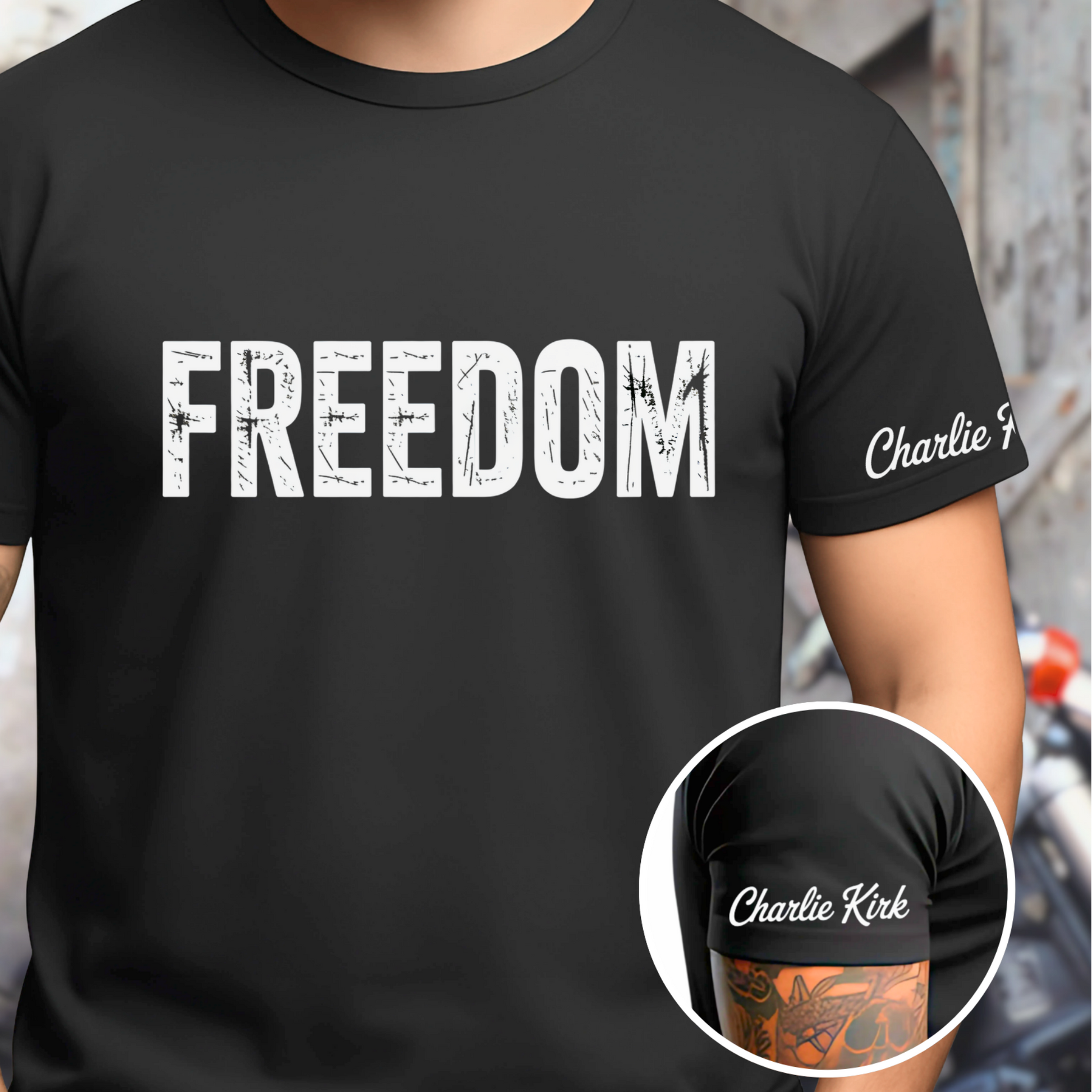 Black t-shirt with 'FREEDOM' text worn by a person, with a close-up of the brand logo on a red background.