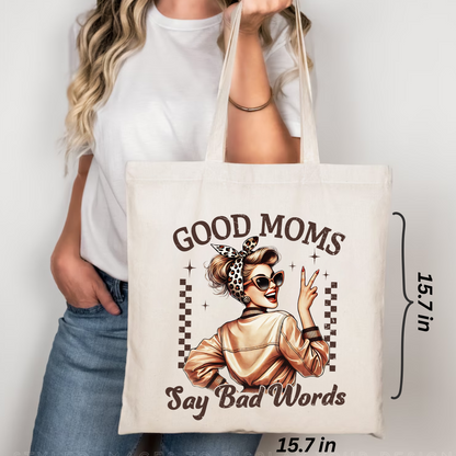 Woman modeling funny mom tote indoors – perfect gift for her