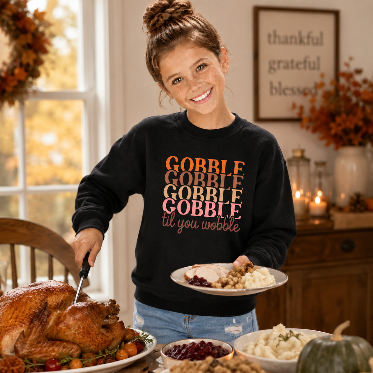 Girl wearing a black youth Gobble Til You Wobble Thanksgiving sweatshirt while serving turkey at a holiday table.