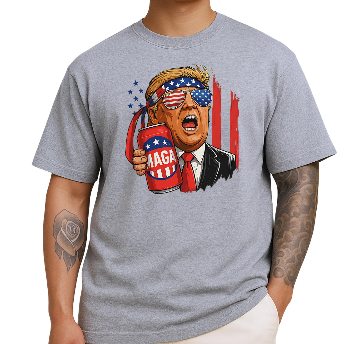 Trump MAGA beer graphic tee on sports gray shirt for men, patriotic USA design, 4th of July or political rallies.