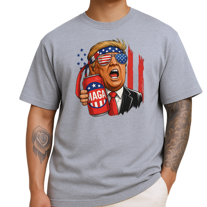 Trump MAGA beer graphic tee on sports gray shirt for men, patriotic USA design, 4th of July or political rallies.