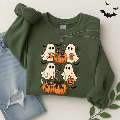 green Halloween ghost sweatshirt with pumpkins and cobweb accents. Cozy autumn crewneck for women who love fall fashion, pumpkin patches, and Halloween fun