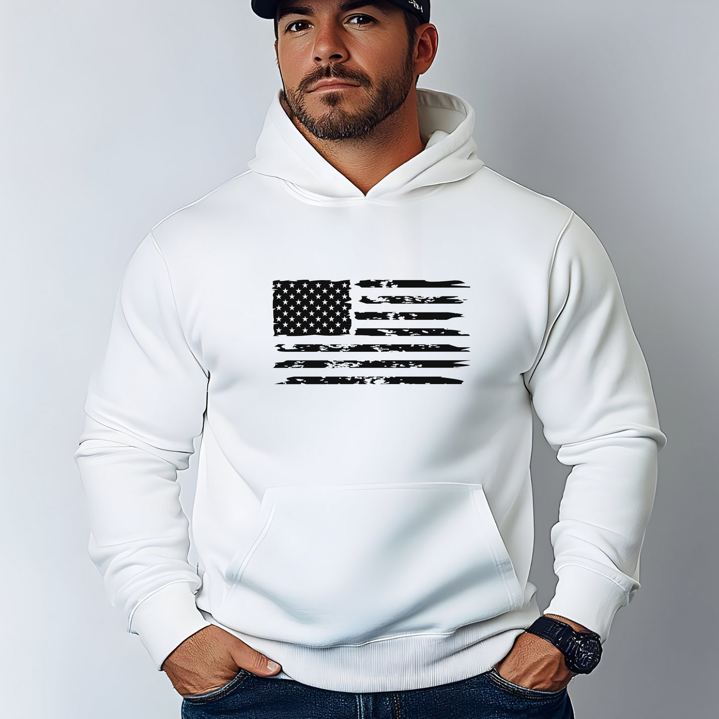 White hoodie with distressed American flag front and pro-values back design