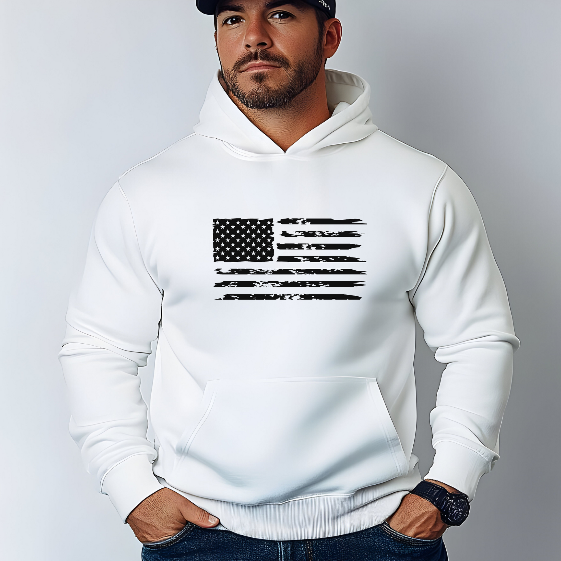 White hoodie with distressed American flag front and pro-values back design