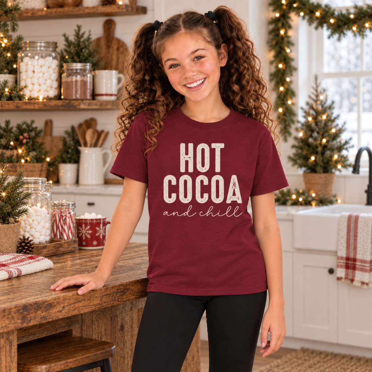 Youth girl wearing a maroon Hot Cocoa and Chill T-shirt beside a rustic cocoa station in a Christmas kitchen