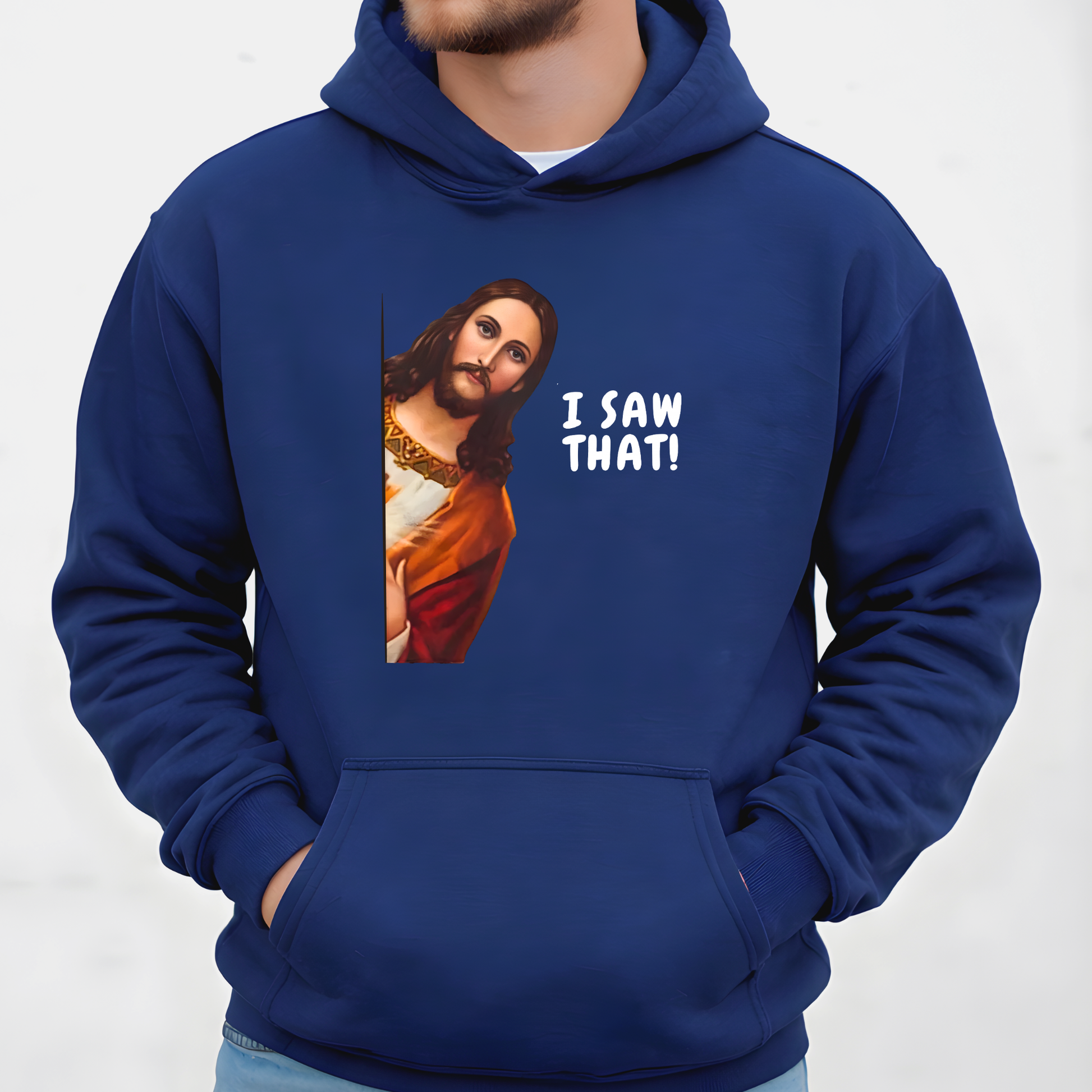 Navy hoodie Jesus I Saw That graphic design, Christian funny hoodie unisex faith apparel front view