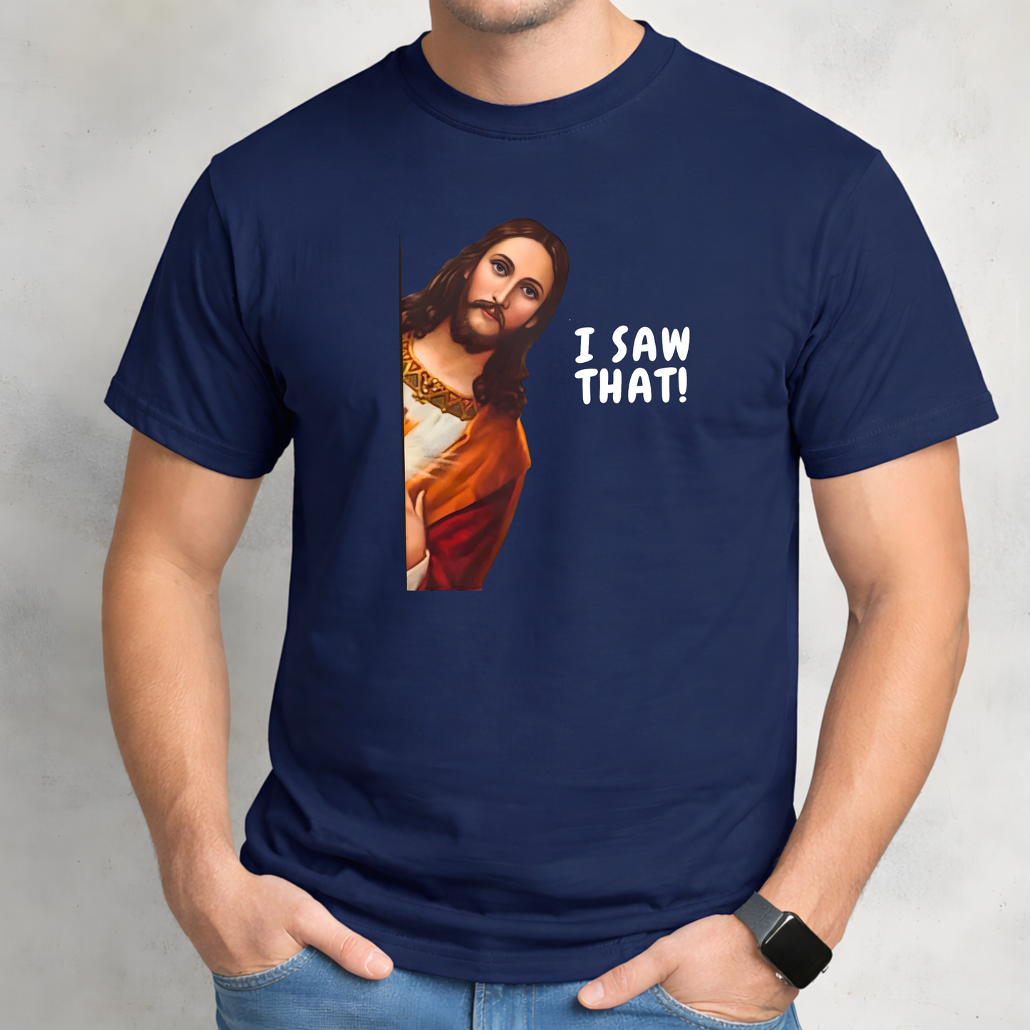 Navy blue t-shirt Jesus I Saw That graphic, funny Christian shirt unisex casual faith apparel