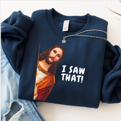 Navy blue sweatshirt with a graphic of a historical figure and 'I Saw That!' text, displayed on a light surface.