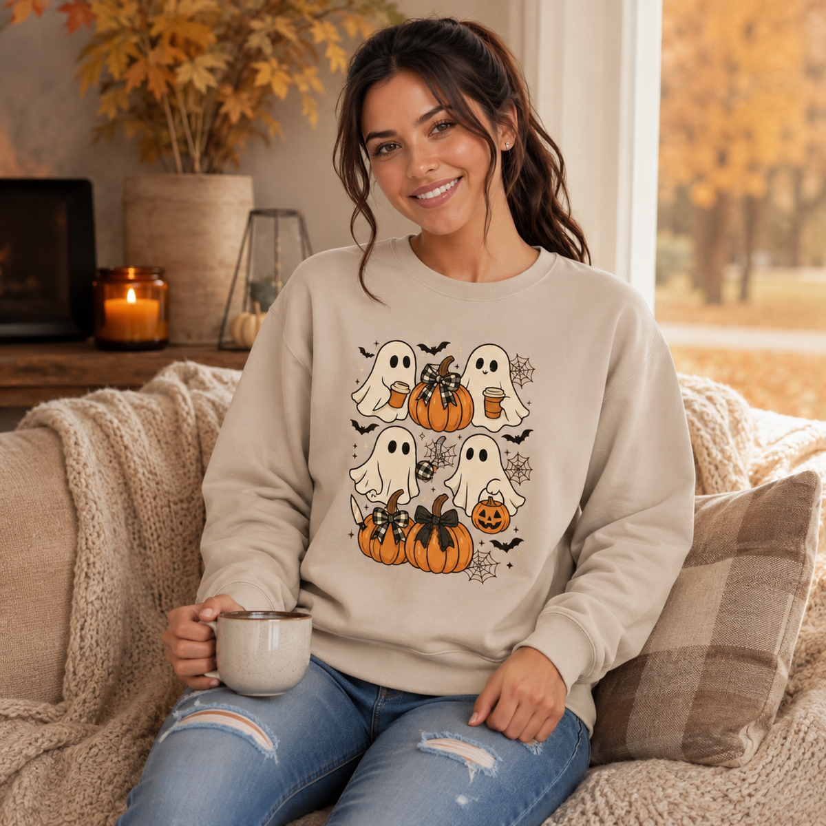 A woman sitting on a cozy couch wearing a sand crewneck sweatshirt with a colorful Halloween graphic of ghosts, pumpkins, bats, and a jack-o'-lantern while holding a mug in a warm autumn living room setting