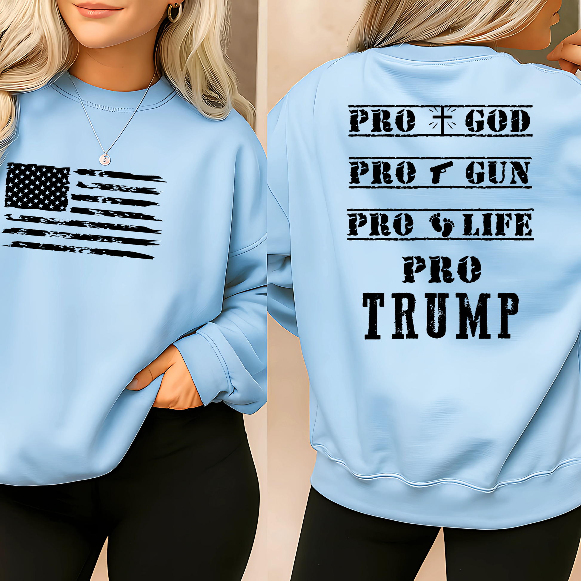 Women wearing light blue pro trump sweatshirt with American flag front design
