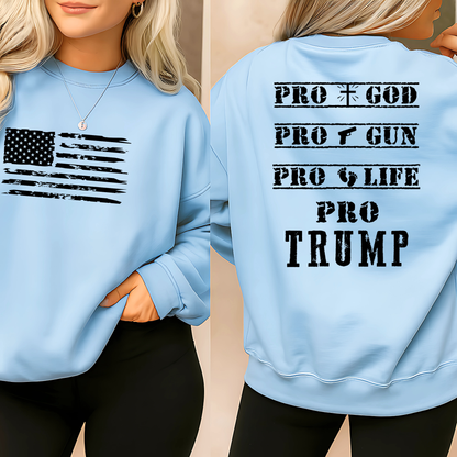 Women wearing light blue pro trump sweatshirt with American flag front design