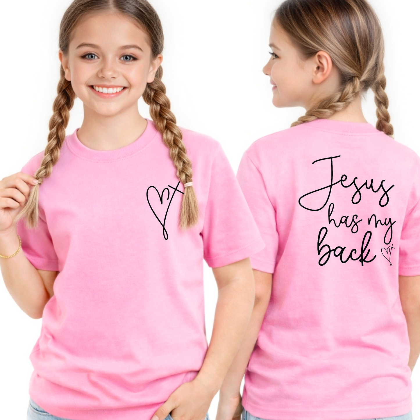 Girls pink Christian t-shirt front and back Jesus has my back youth graphic faith tee