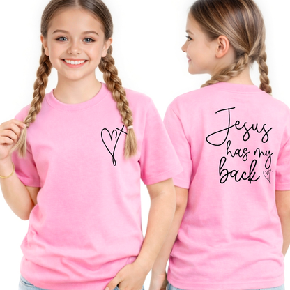 Girls pink Christian t-shirt front and back Jesus has my back youth graphic faith tee
