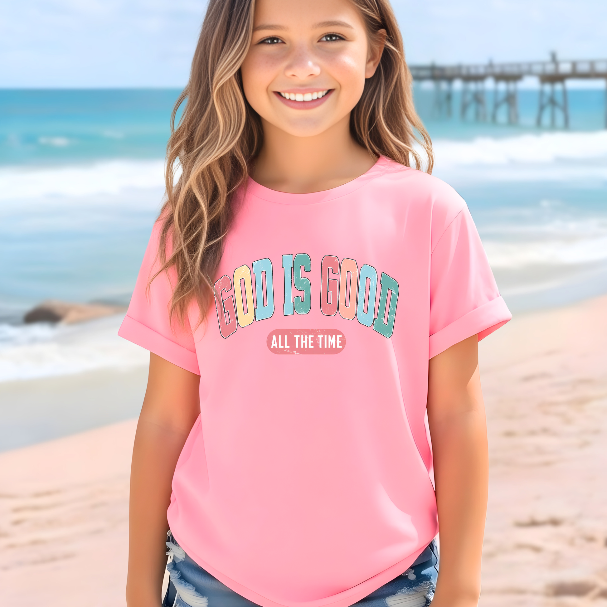 God is good all the time youth pink t-shirt beach lifestyle christian outfit