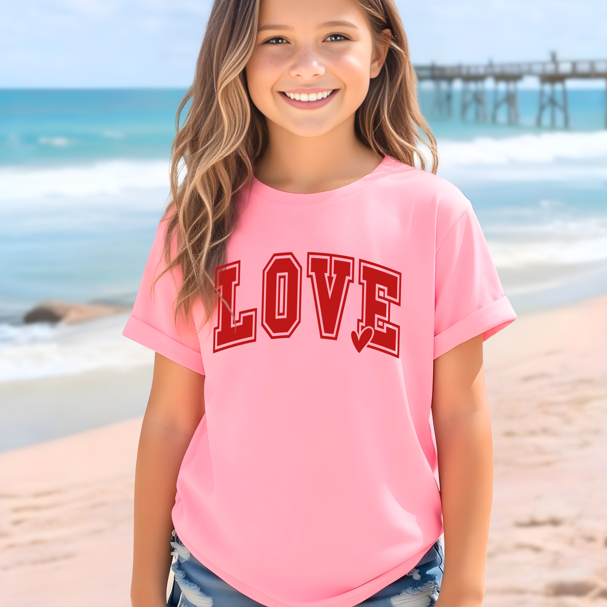 Youth girls light pink LOVE graphic t-shirt with red varsity lettering and heart accent, beach background, summer kids outfit, cute Valentine shirt, trendy youth clothing