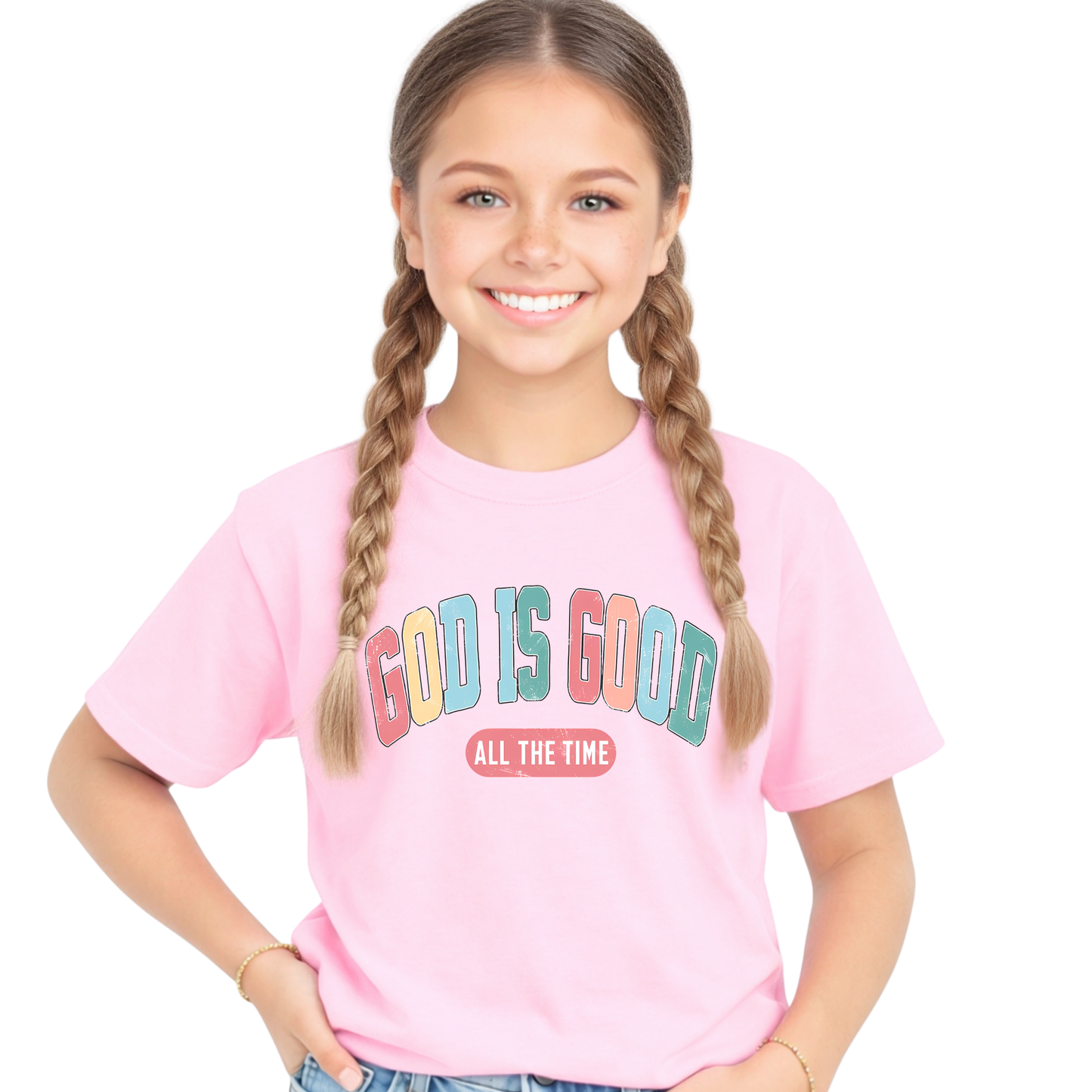 God is good all the time youth pink t-shirt bold christian graphic design