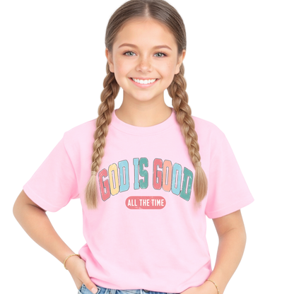 God is good all the time youth pink t-shirt bold christian graphic design