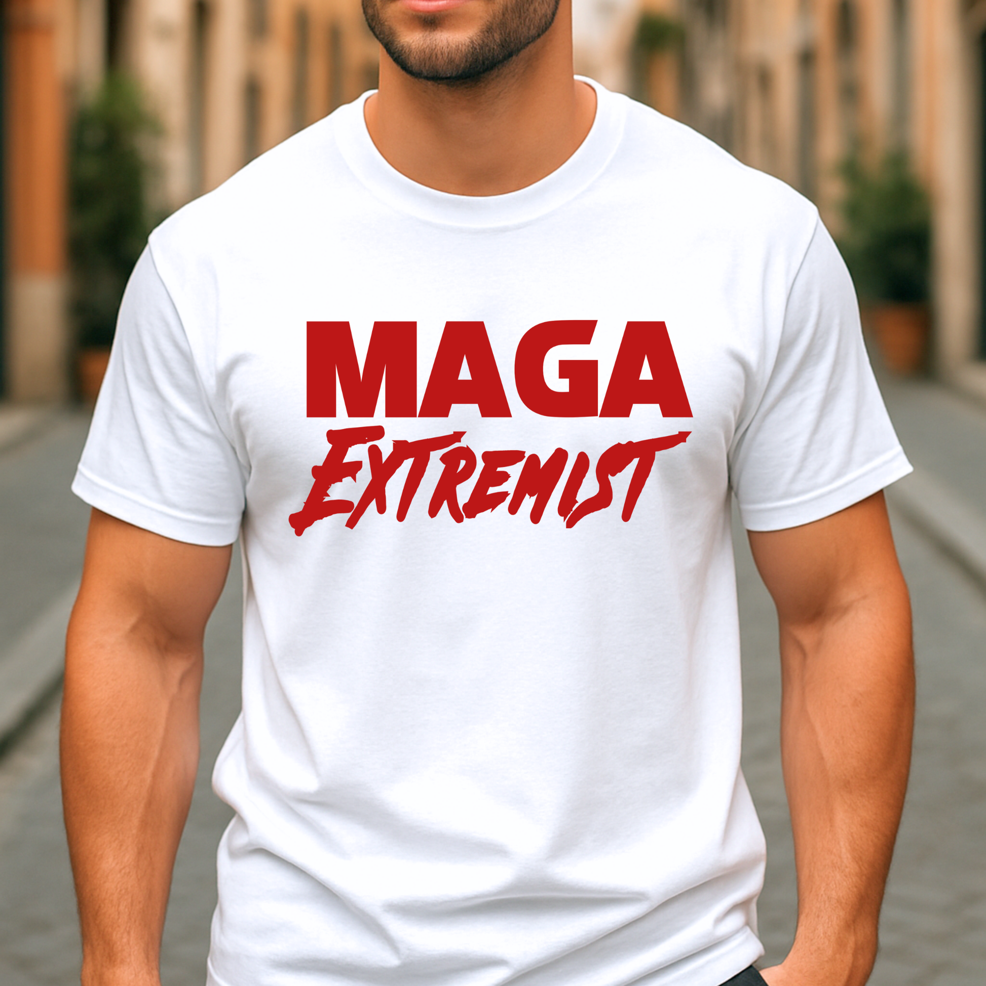 man in white MAGA Extremist t-shirt