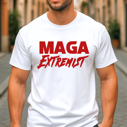 man in white MAGA Extremist t-shirt