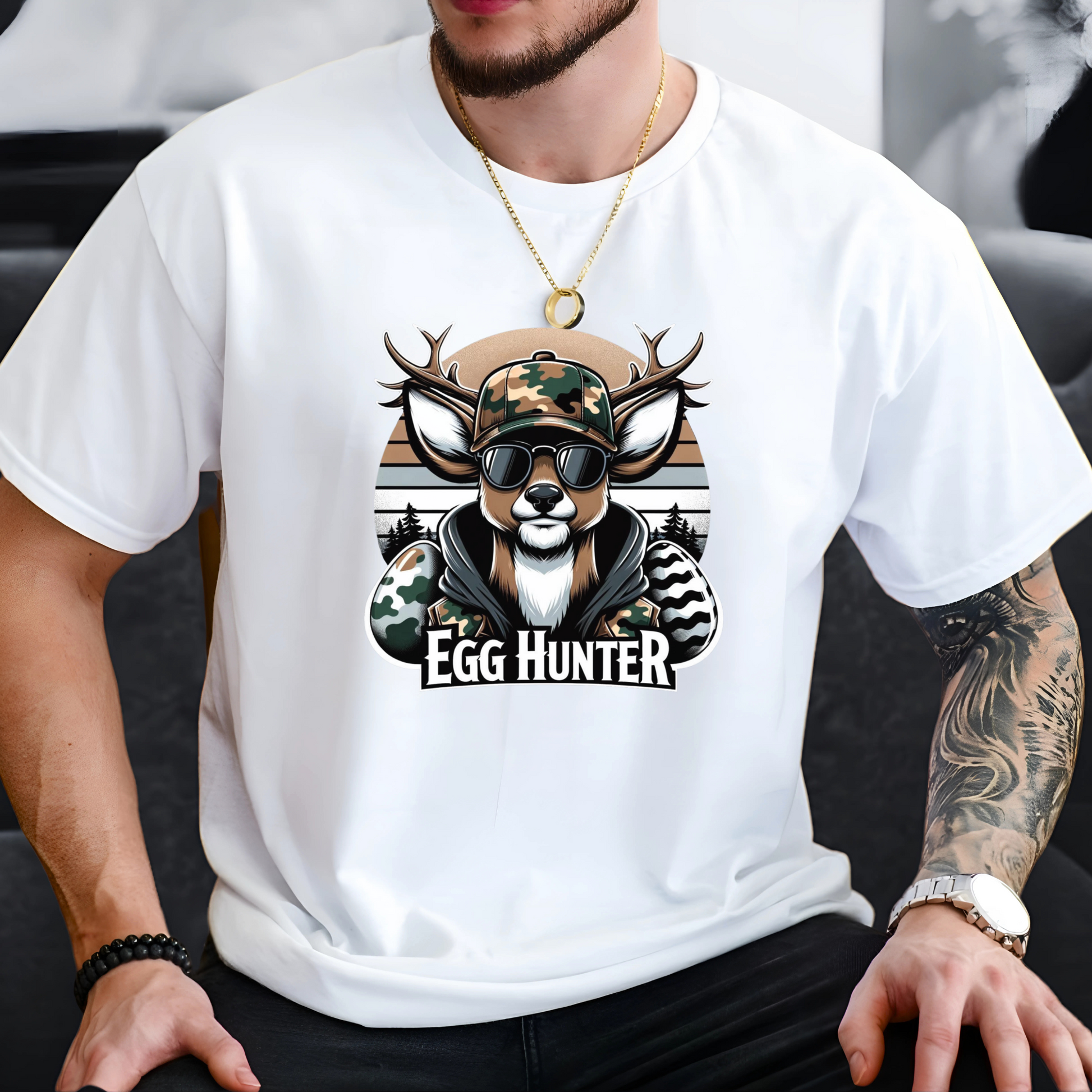 White Egg-Hunter-Shirt with a unique camo deer and Easter egg design, perfect for men who love hunting and outdoor adventure
