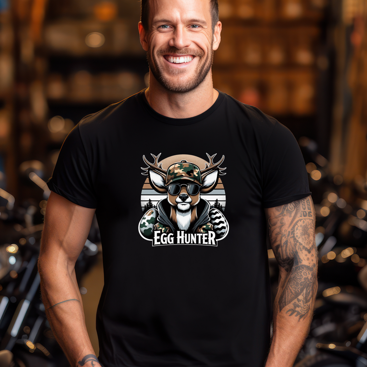 Black Egg-Hunter-Shirt with a cool camo deer and Easter egg graphic, perfect for hunters and Easter lovers alike.