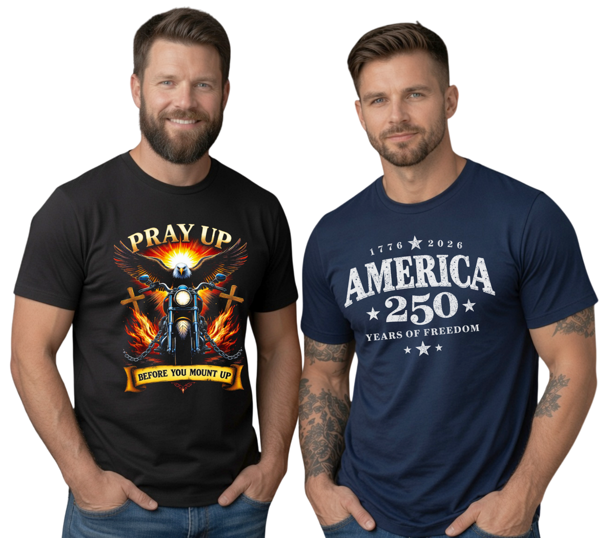 Men’s graphic apparel collection featuring faith and patriotic T-shirts, sweatshirts and hoodies