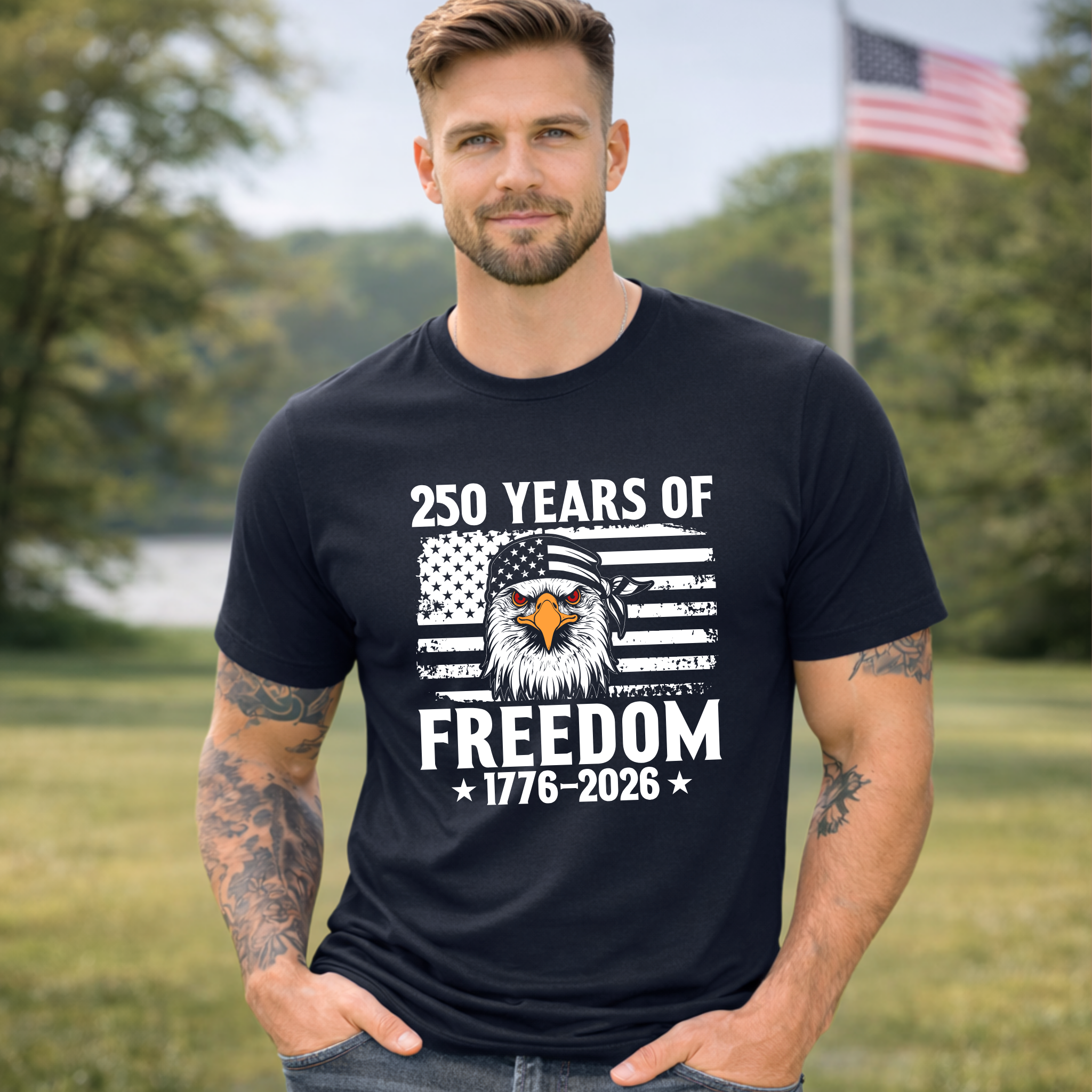 Man wearing a black t-shirt with '250 Years of Freedom' design outdoors.