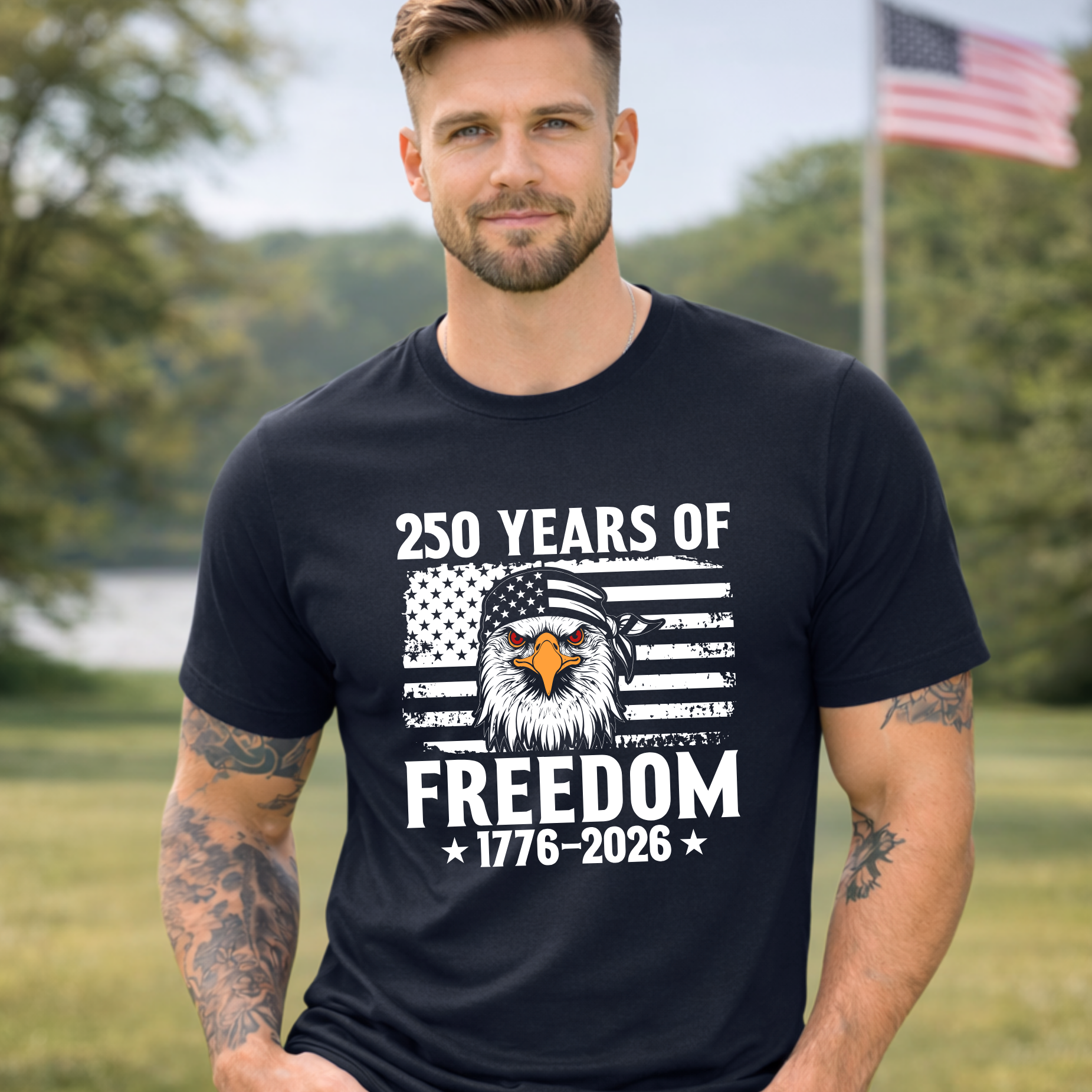 Man wearing a black t-shirt with '250 Years of Freedom' design outdoors.