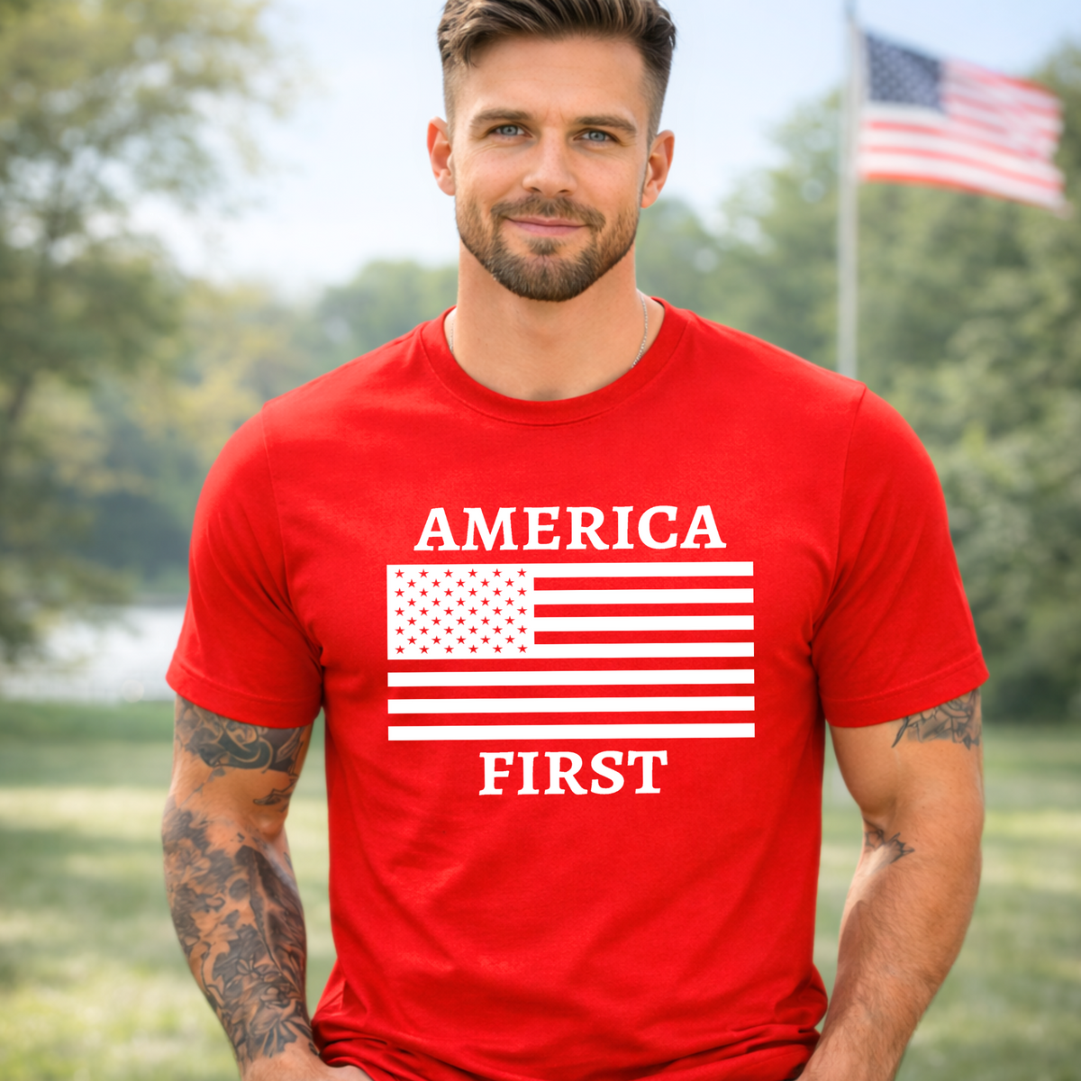 Men's red patriotic "America First" t-shirt with American flag graphic
